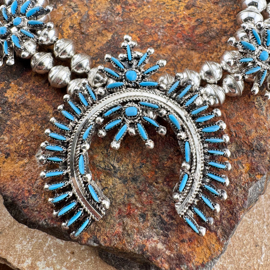 Needle Point Sleeping Beauty Turquoise Squash Blossom Necklace by Lorna Mahkee - Set