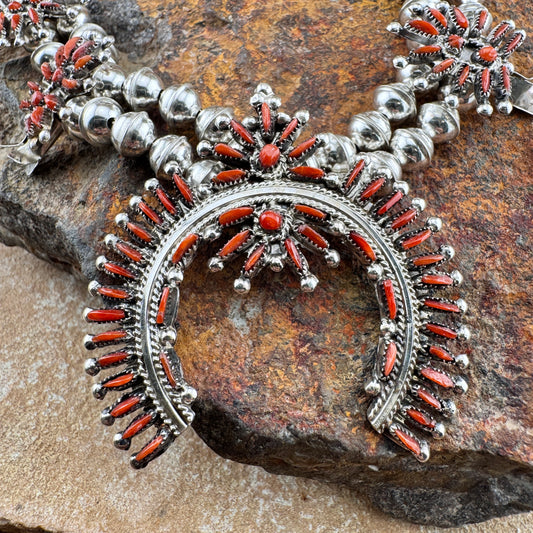 Needle Point Red Coral Squash Blossom Necklace by Lorna Mahkee - Set