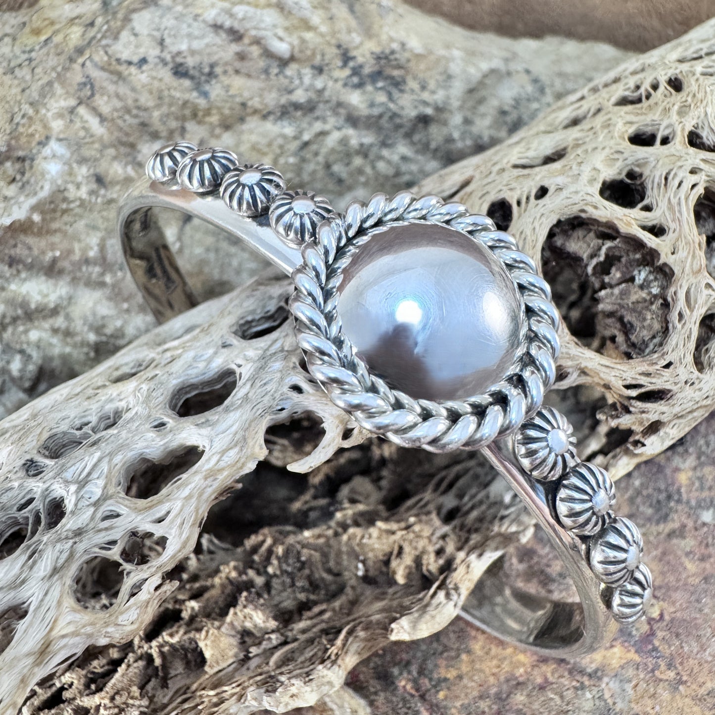 Sterling Silver Dome Cuff with Flowers Bracelet by Artie Yellowhorse