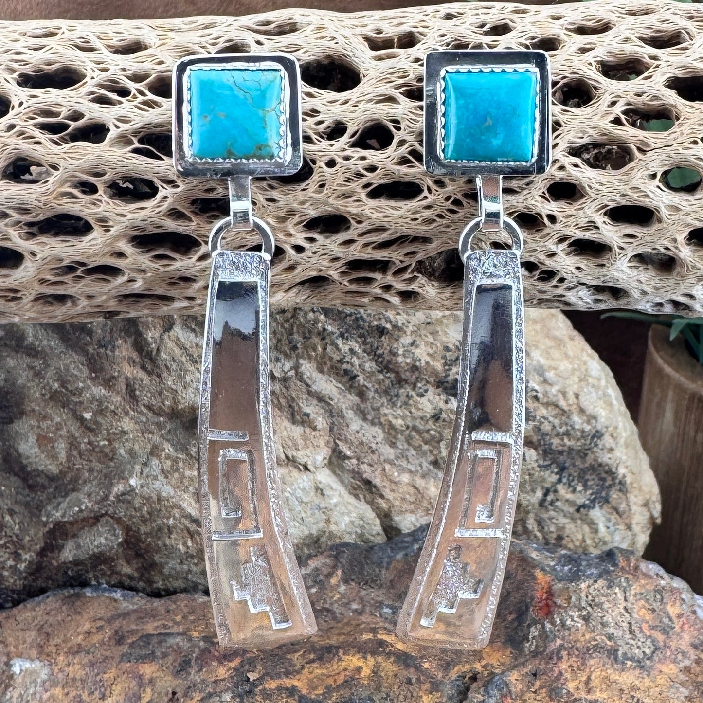 Sonoran Gold Turquoise and Sand Cast Geometric Earrings by Jack Tom