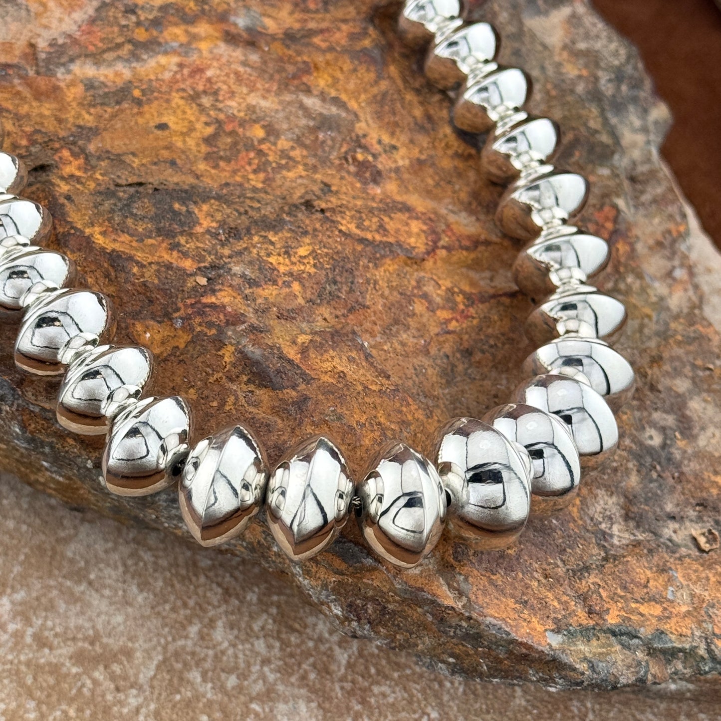 Stunning Polished Sterling Sliver Navajo Pearl necklace by Navajo artist Jack Tom