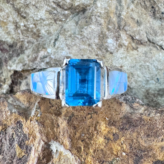 David Rosales Mystic Pearl Inlaid Sterling Silver Ring w/ Blue Topaz