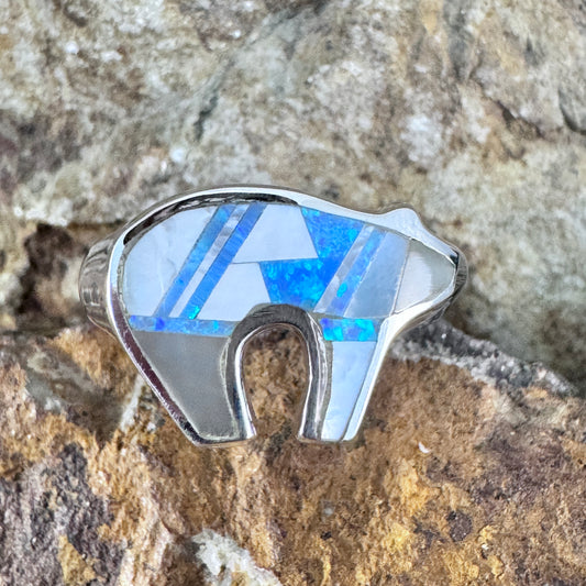 David Rosales Mystic Pearl Inlaid Sterling Silver Ring Bear