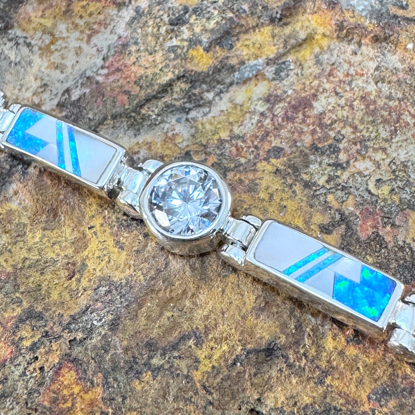 David Rosales Mystic Pearl Inlaid Sterling Silver Bracelet w/ Cubic Zirconia