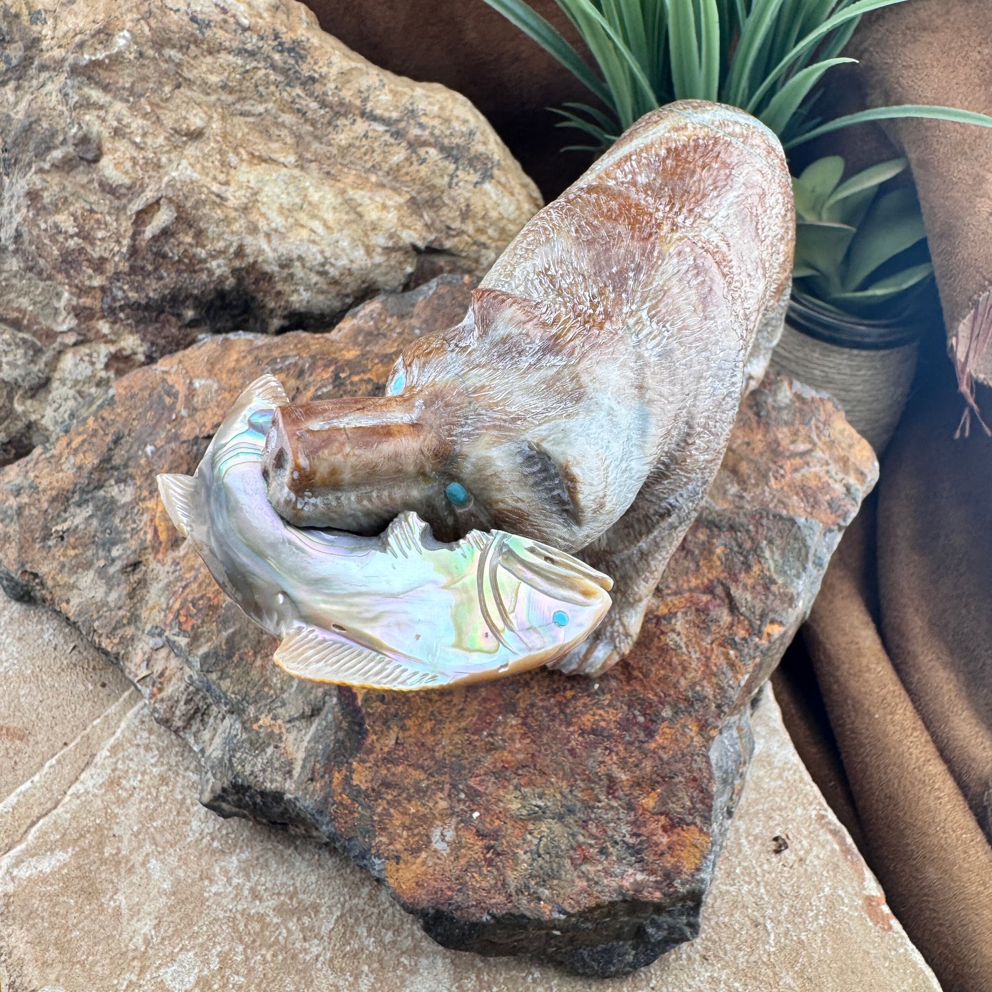 Hand Carved Zuni Fetish Bear with Fish by Herb Him