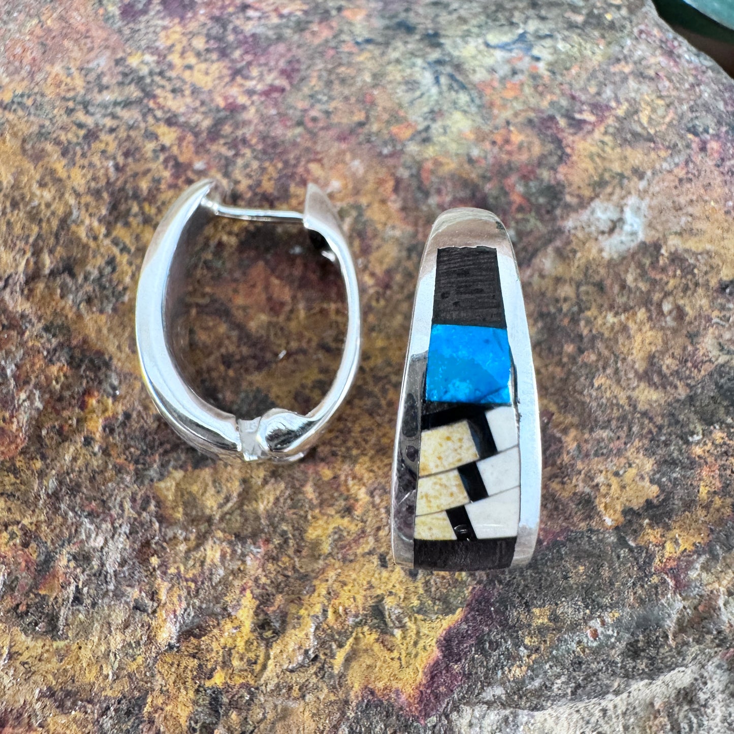 David Rosales Ironwood Inlaid Sterling Silver Earrings Huggie