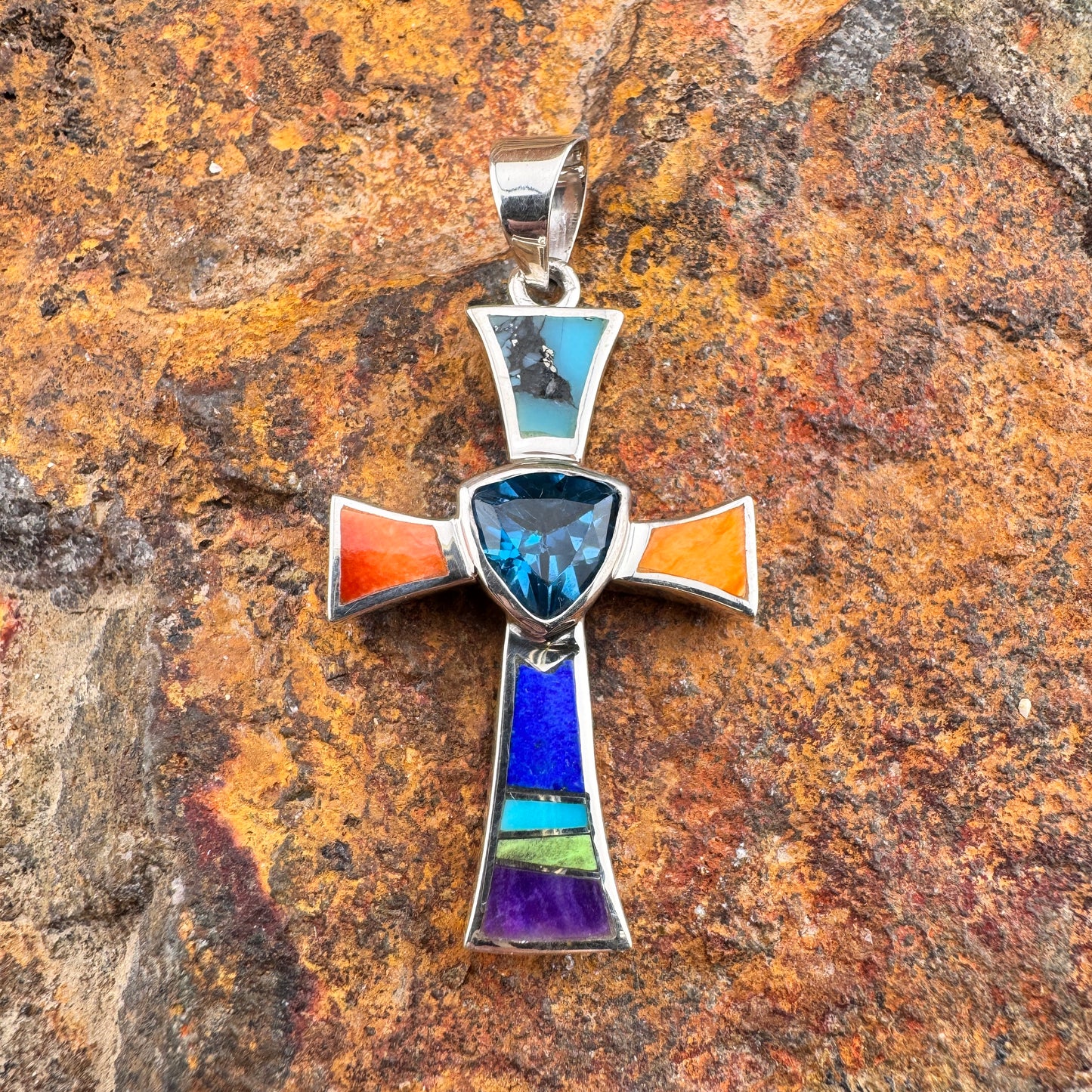 David Rosales Indian Summer Inlaid Sterling Silver Pendant Cross w/ Blue Topaz