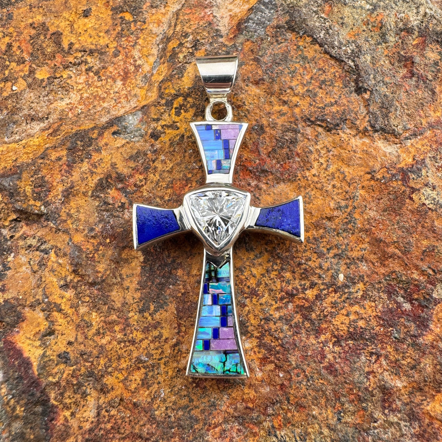 David Rosales Stardust Fancy Inlaid Sterling Silver Pendant Cross w/CZ
