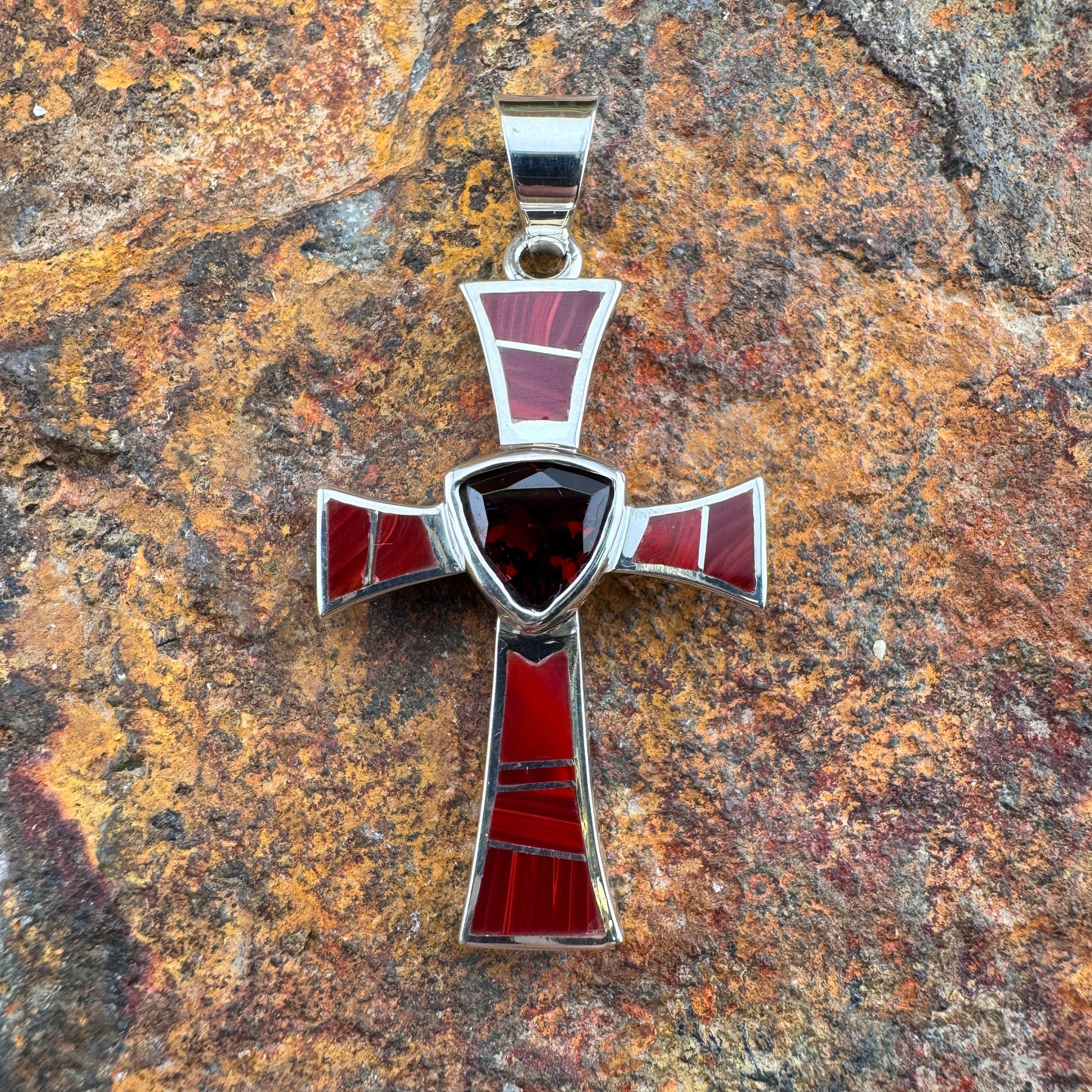 David Rosales Rosarita Inlaid Sterling Silver Pendant Cross w/Red Garnet