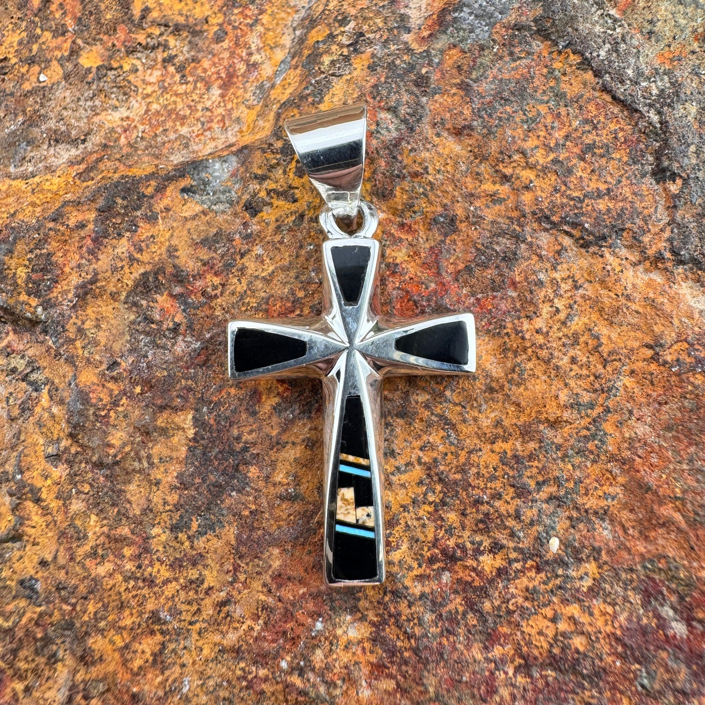 David Rosales Native Light Inlaid Sterling Silver Pendant Cross