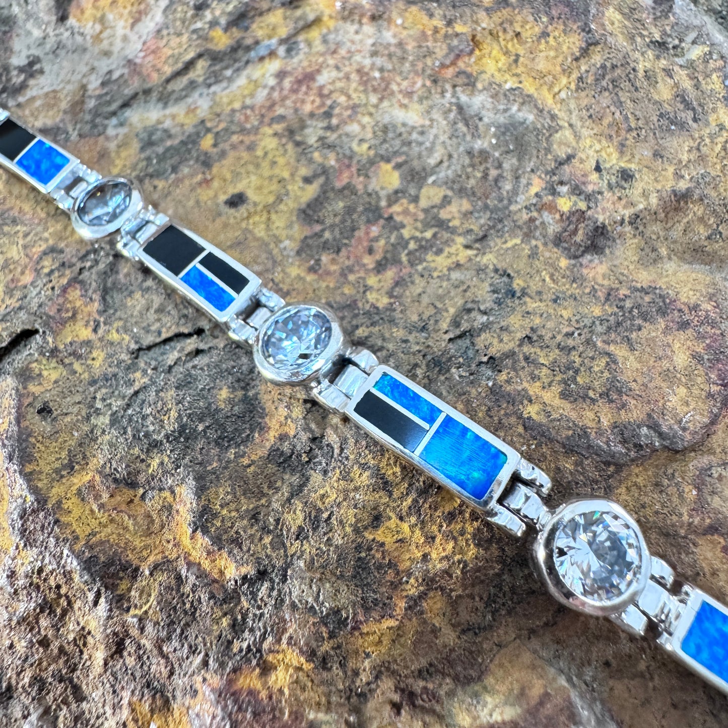 David Rosales Black Beauty Inlaid Sterling Silver Link Bracelet w/ Cubic Zirconia