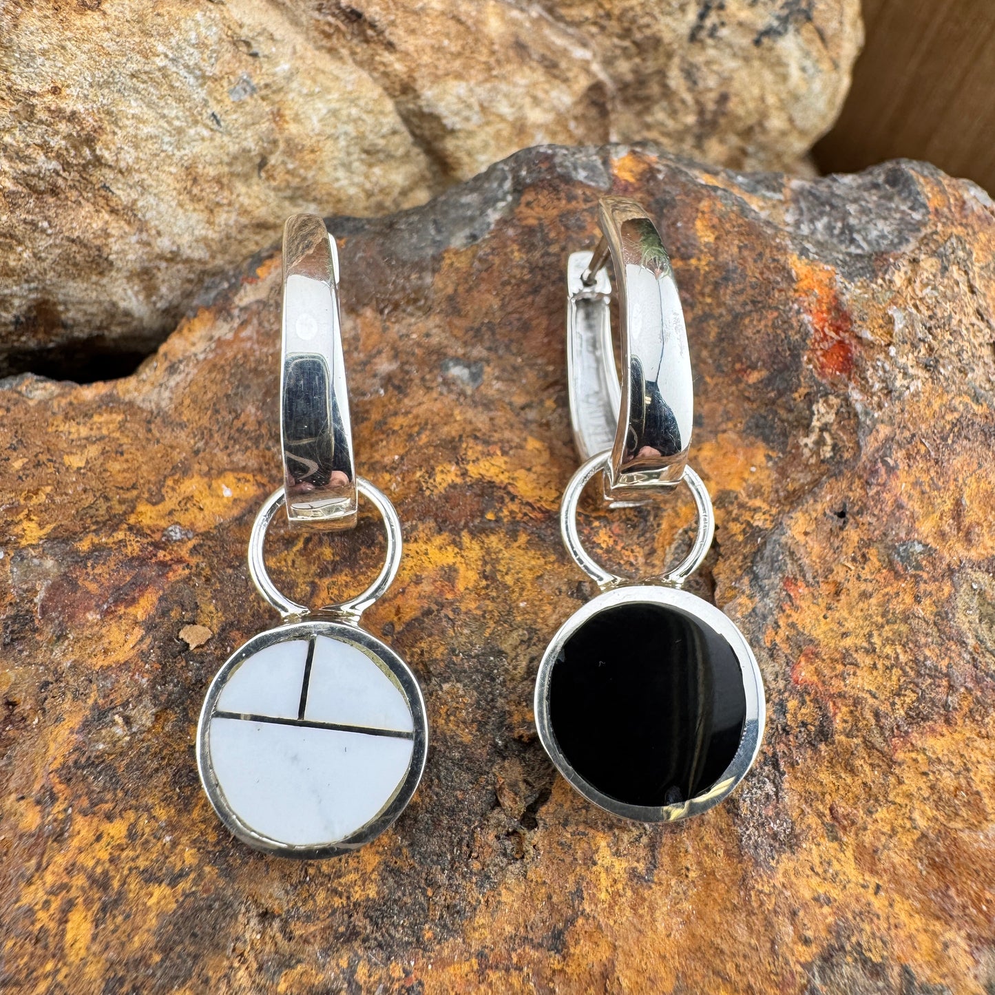 David Rosales Pristine and Black Jade Inlaid Sterling Silver Huggie Drop Earrings