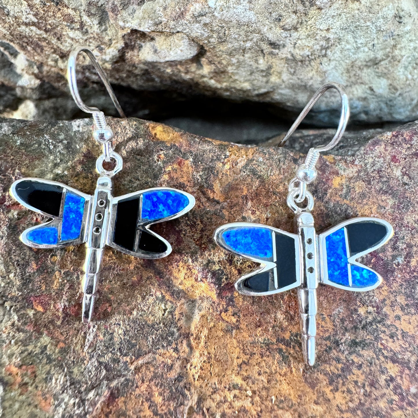 David Rosales Black Beauty Inlaid Sterling Silver Earrings Dragonfly
