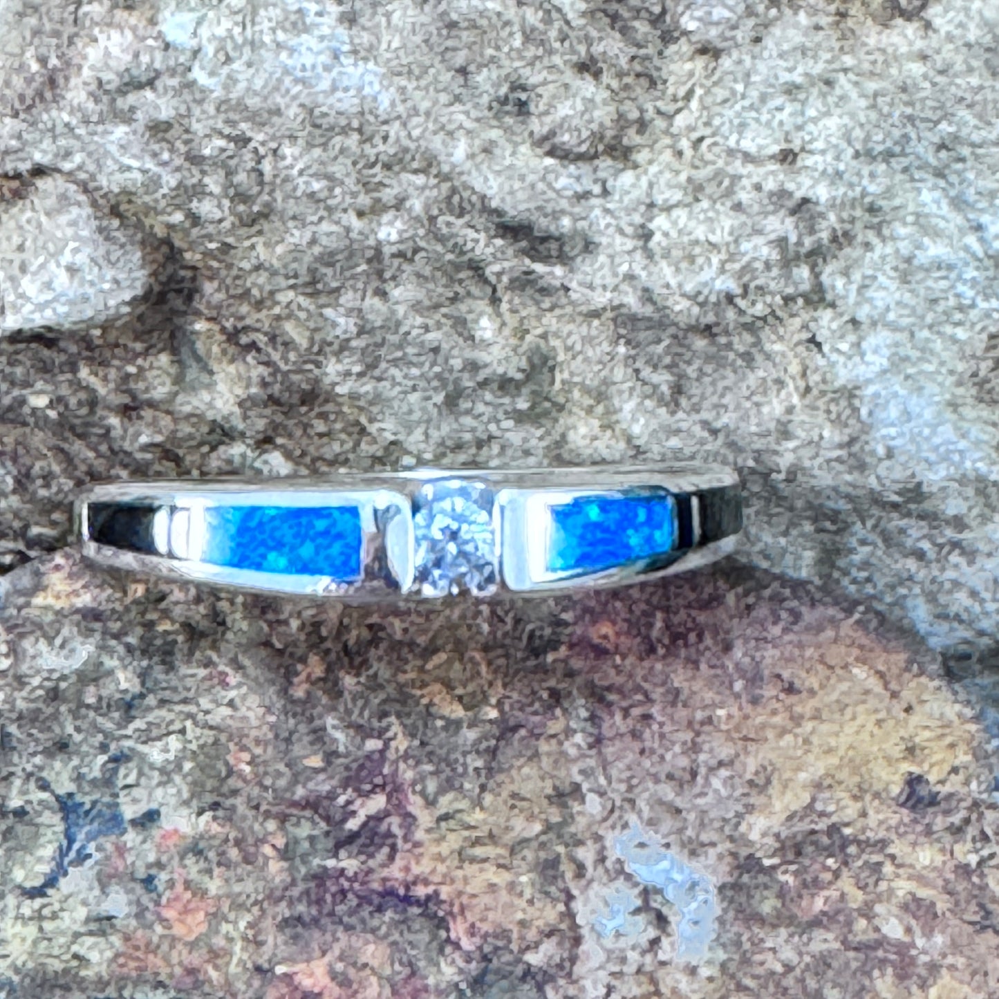 David Rosales Black Beauty Inlaid Sterling Silver Ring w/ Blue Topaz