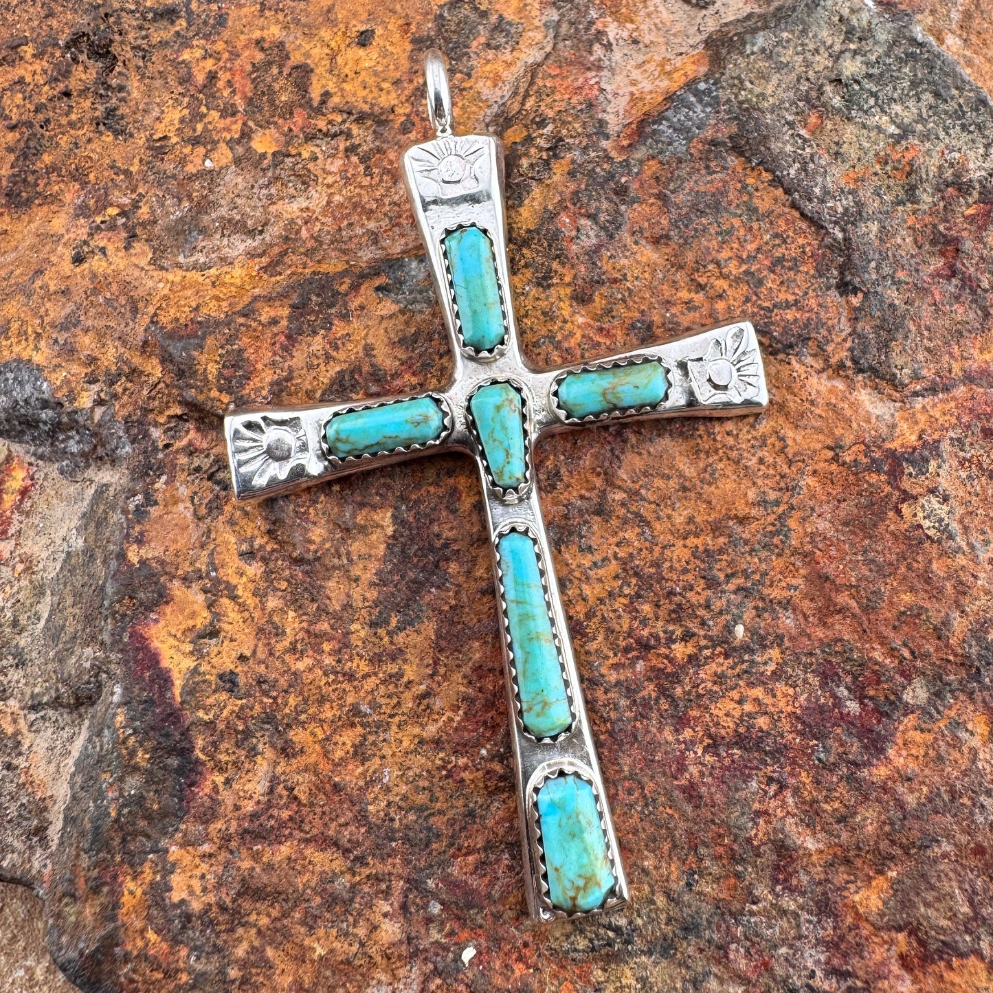 Campitos Turquoise Sterling Silver Cross Pendant by Wilbur Iule