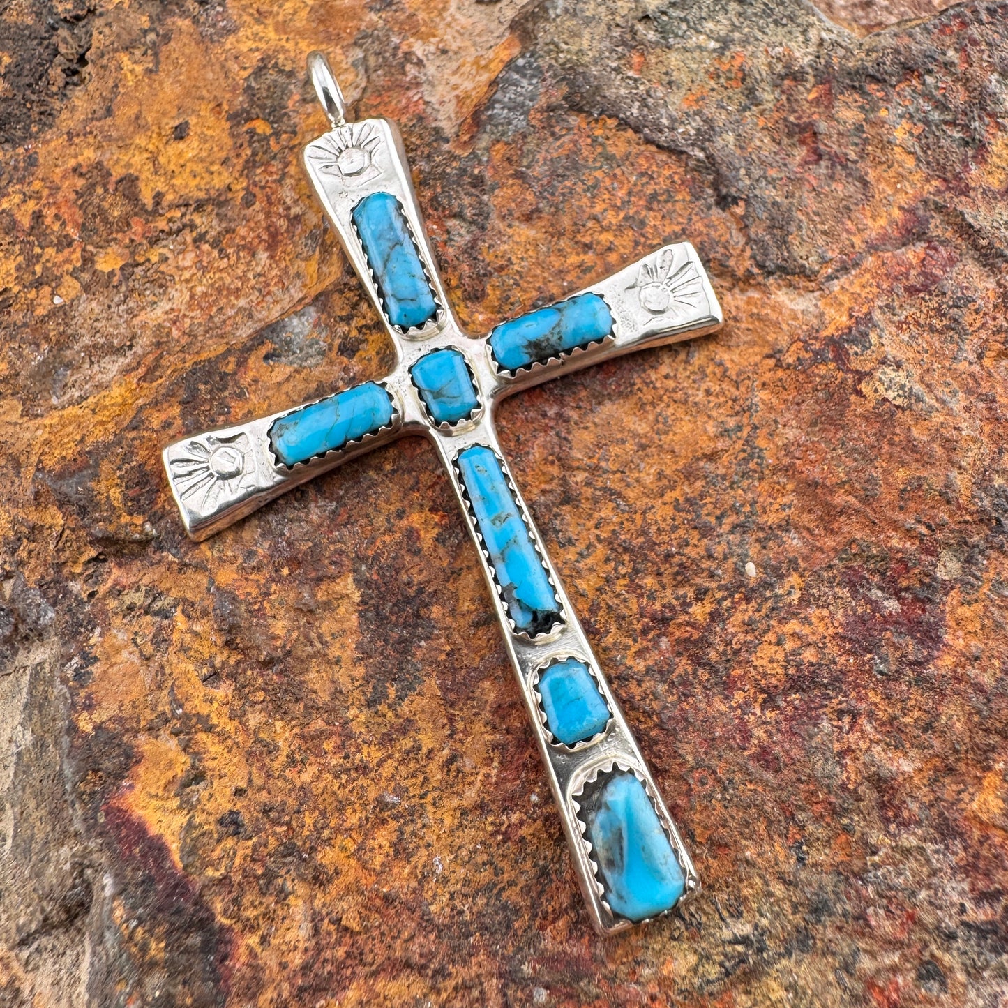 Kingman Turquoise Sterling Silver Cross Pendant by Wilbur Iule