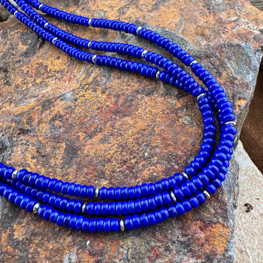 25" Lapis Lazuli and Sterling Silver Beaded Necklace by Artie Yellowhorse