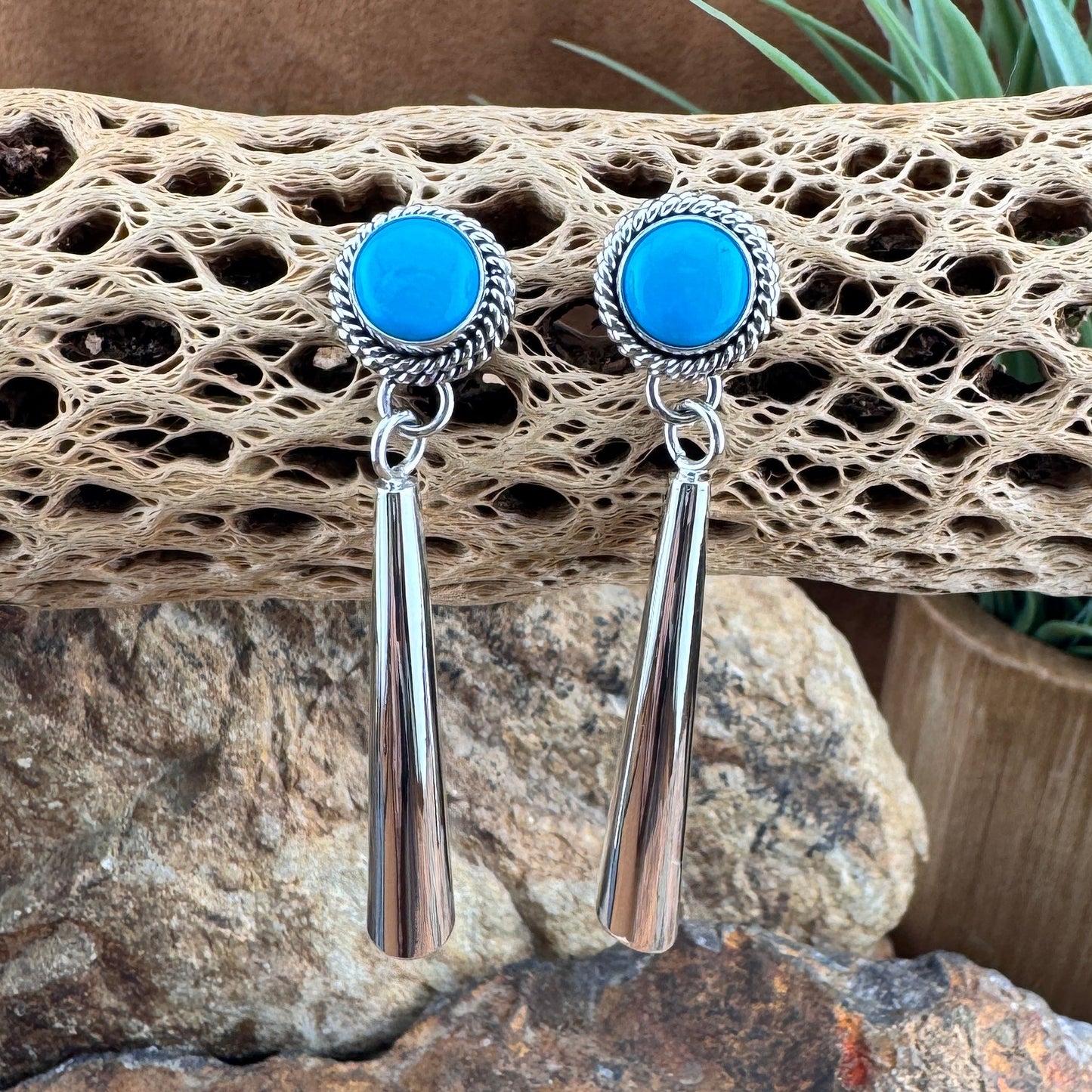 Sleeping Beauty Sterling Silver Long Cone-Shaped Earrings by Artie Yellowhorse