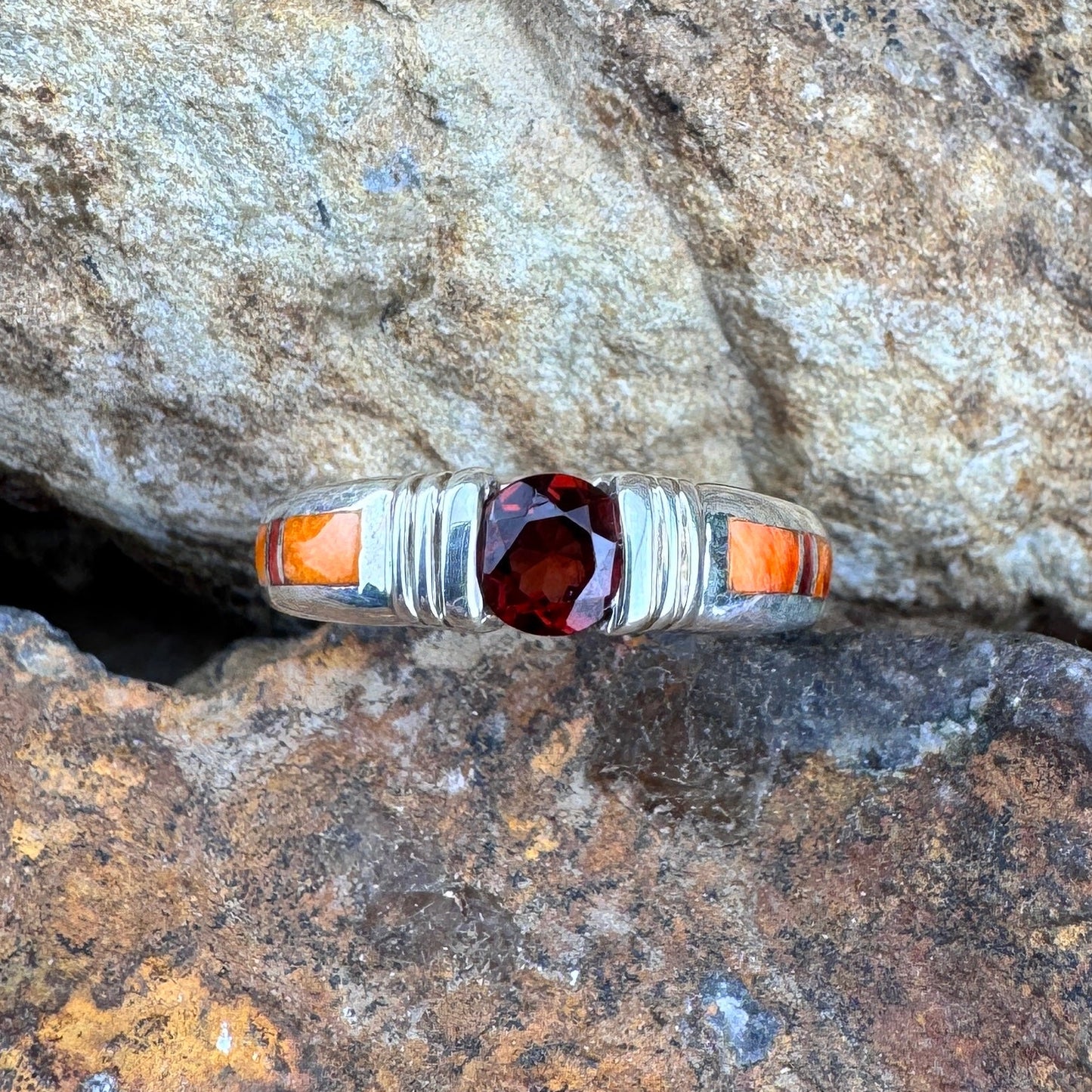 David Rosales Desert Fire Inlaid Sterling Silver Ring w/ Red Garnet