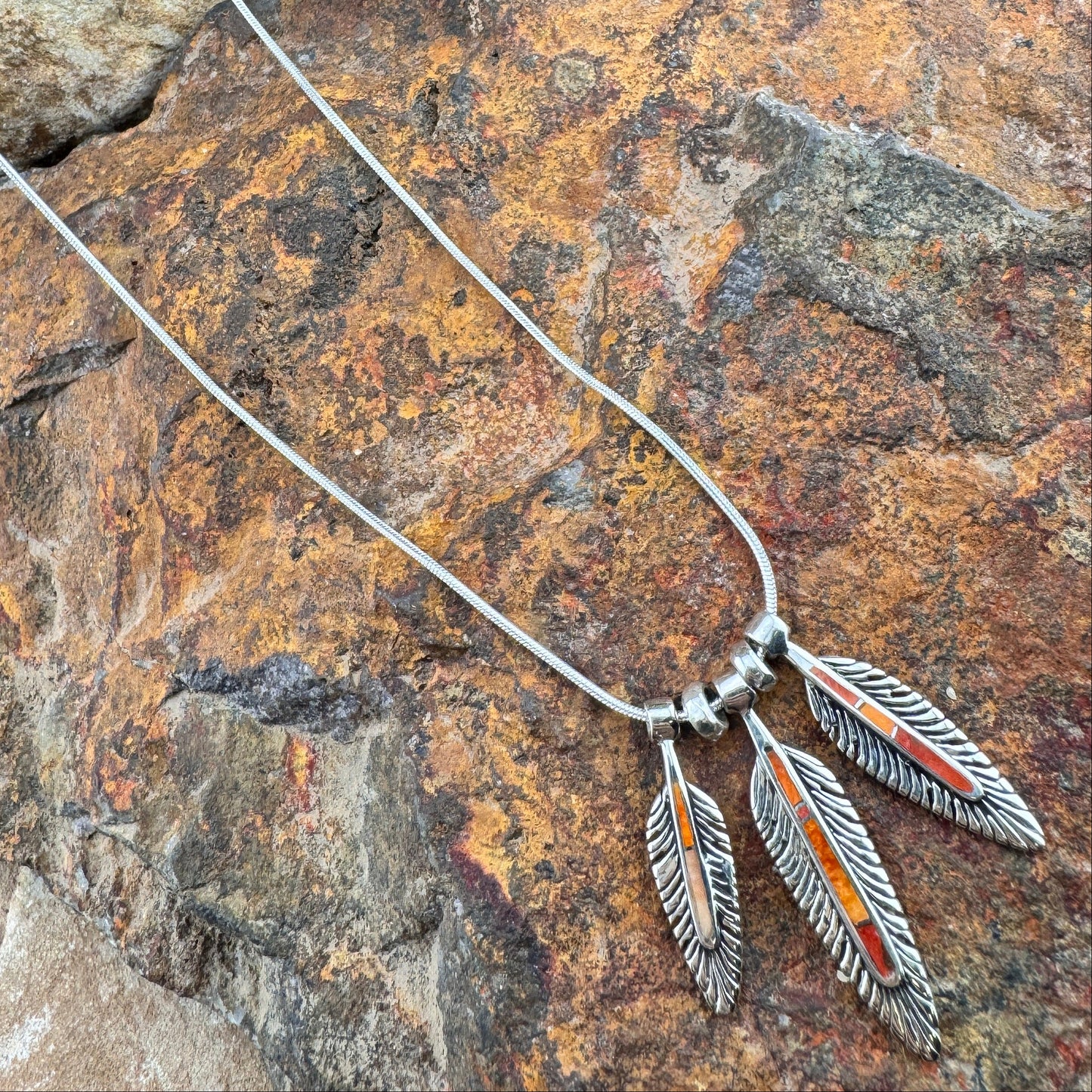 David Rosales Desert Fire Inlaid Sterling Silver Necklace Feathers