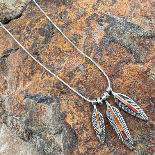 David Rosales Desert Fire Inlaid Sterling Silver Necklace Feathers
