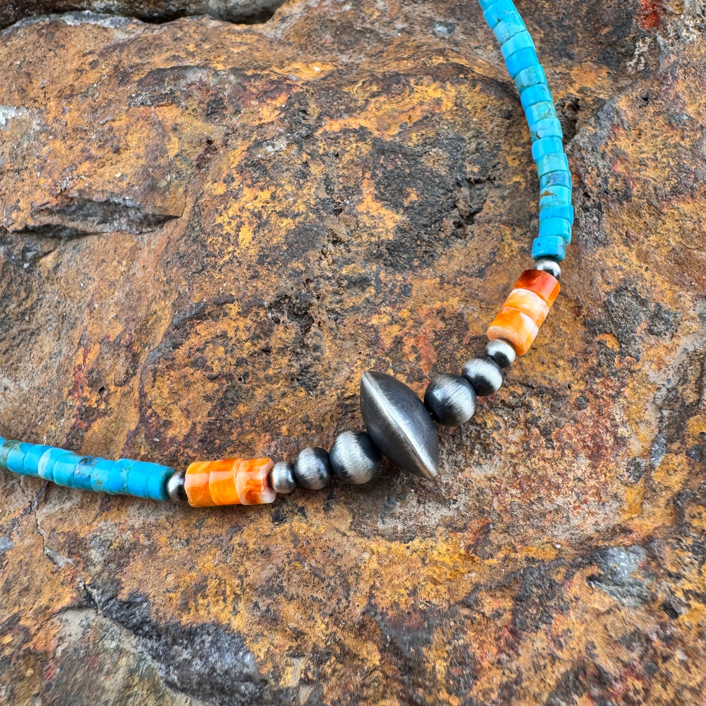 Turquoise, Spiny Oyster, and Sterling Saucer Necklace 16"