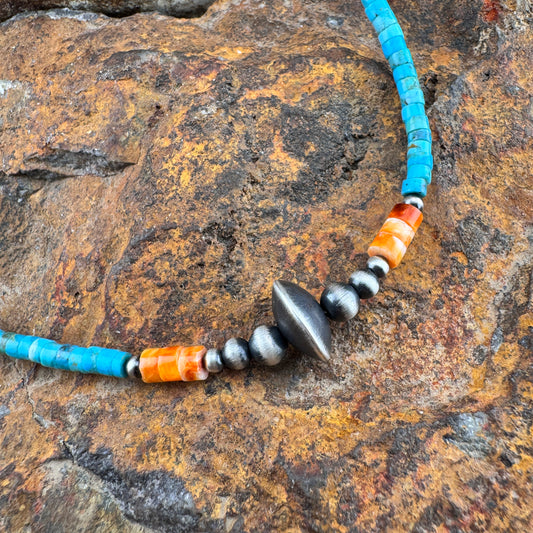 Turquoise, Spiny Oyster, and Sterling Saucer Necklace 16"