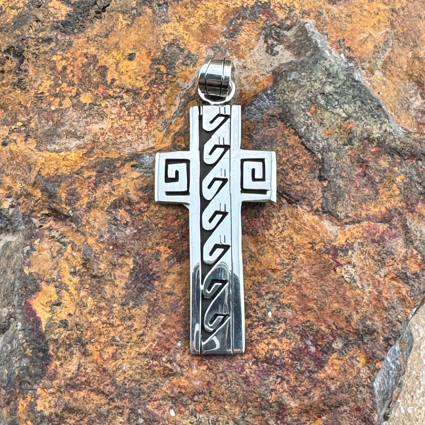 Geometric Overlay Sterling Cross Pendant by Navajo Artist