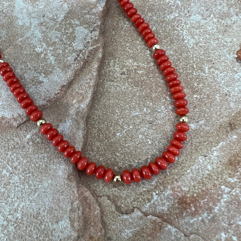 17" Mediterranean Coral 14kt Gold Beaded Necklace by Artie Yellowhorse