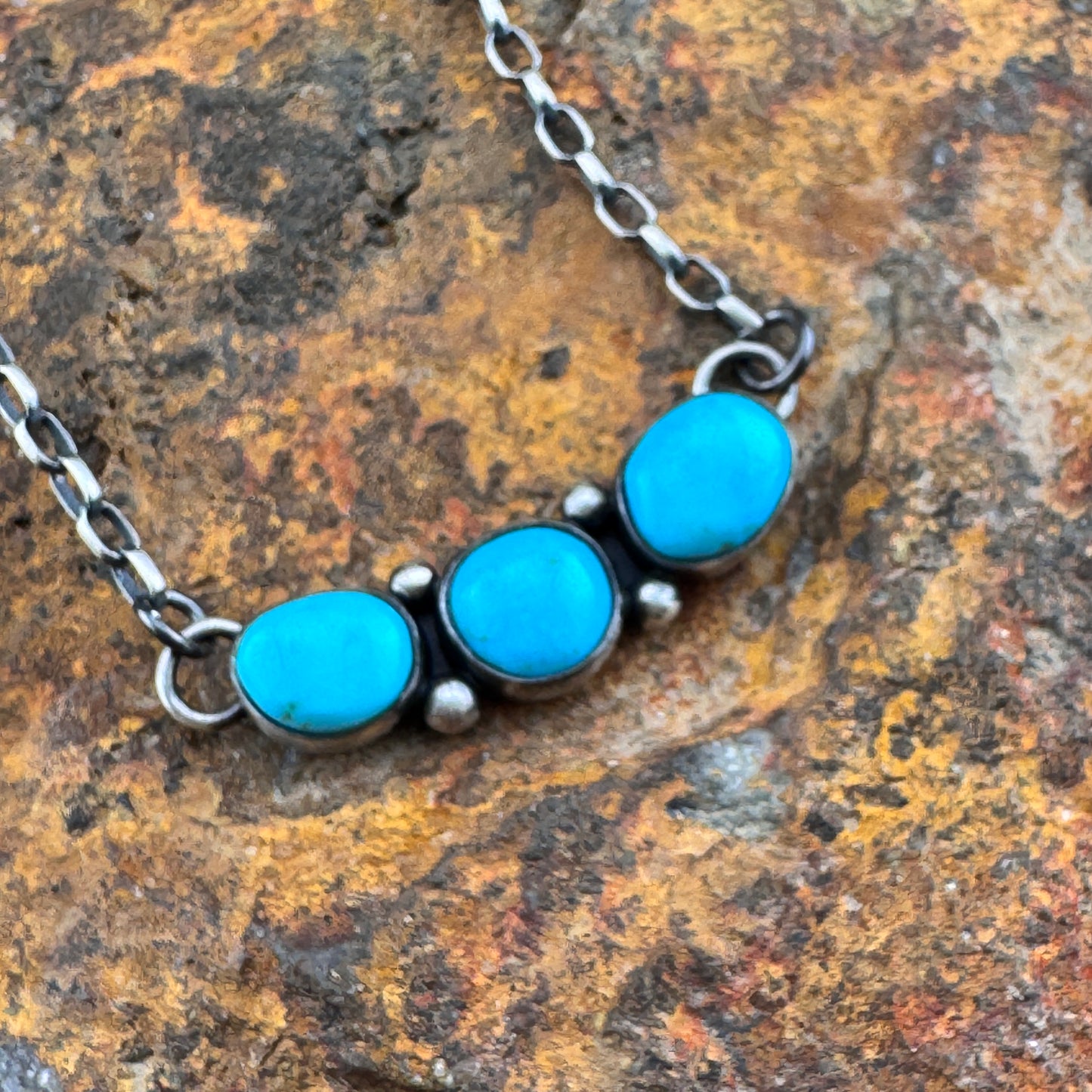 Triple Turquoise Oval Sterling Silver Necklace by Angela Martin-Navajo