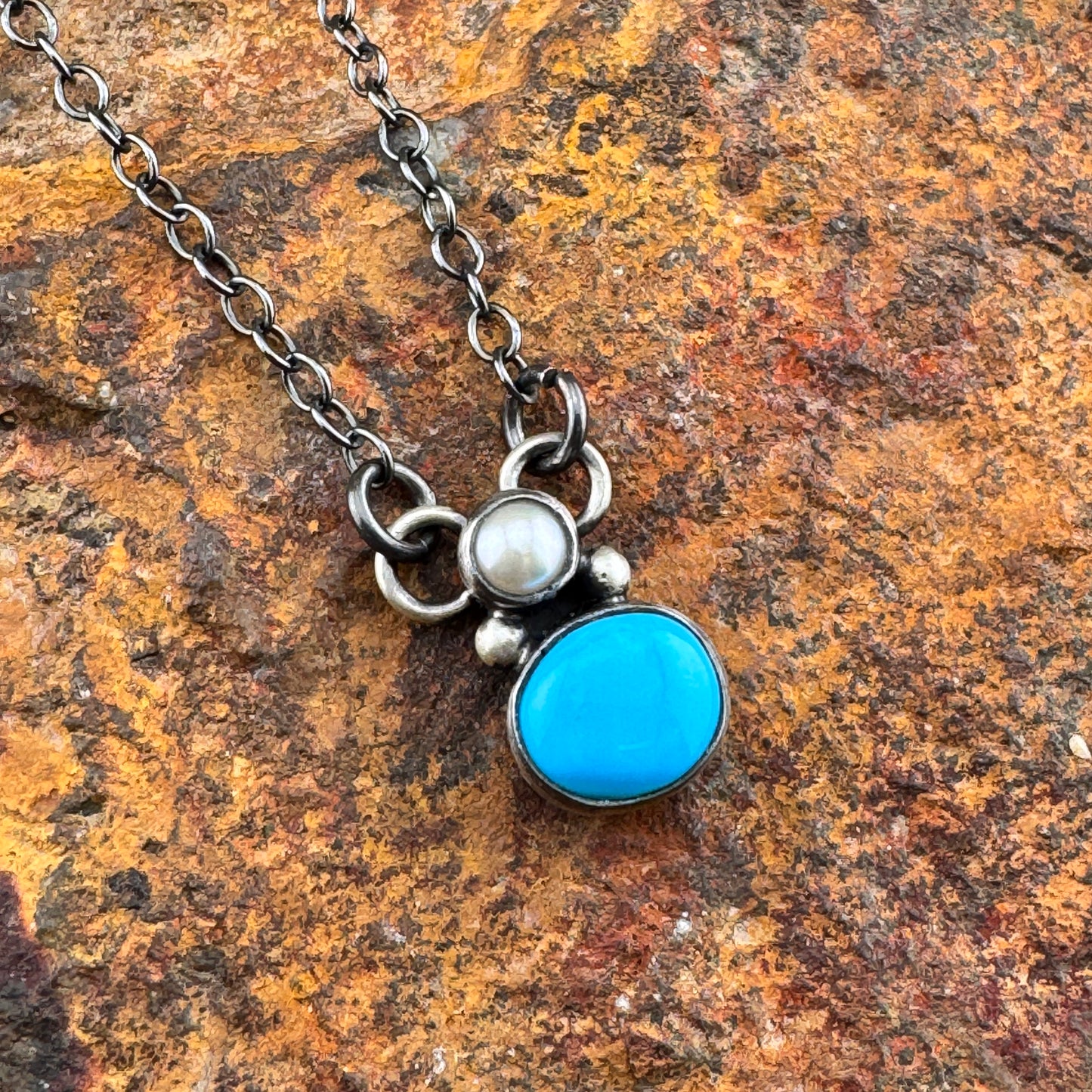Single Turquoise & Pearl Pendant Necklace by Angela Martin-Navajo