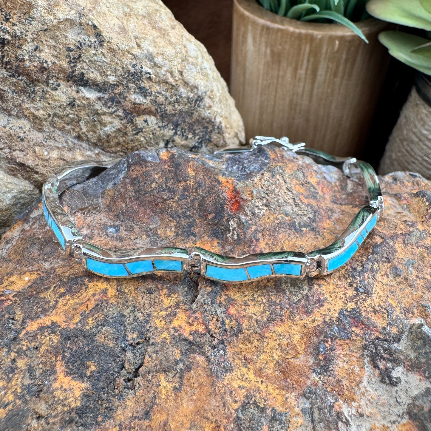 David Rosales Arizona Blue Inlaid Sterling Silver Wavy Link Bracelet