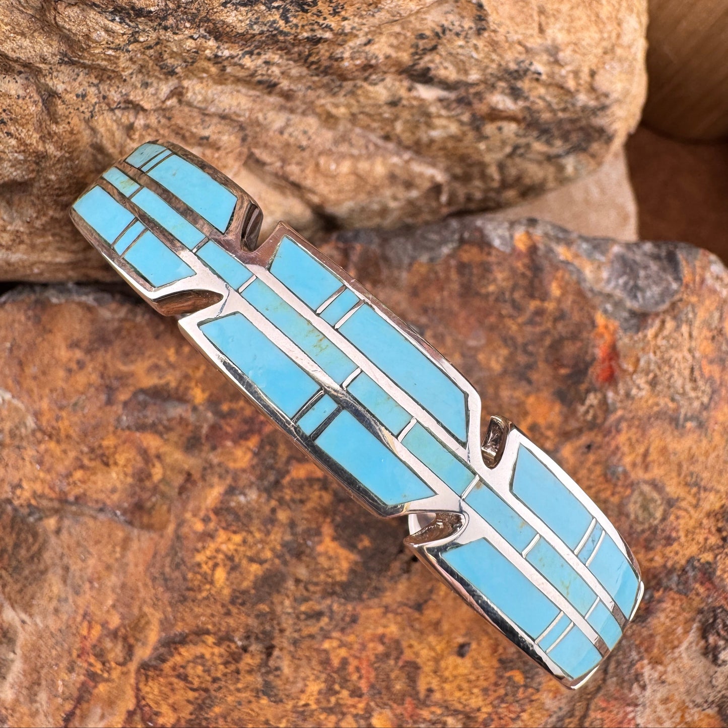 David Rosales Arizona Blue Inlaid Sterling Silver Bracelet - Feather