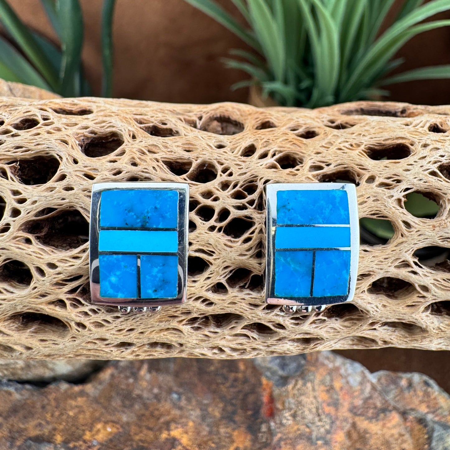 David Rosales Arizona Blue Two Tone Inlaid Sterling Silver Earrings