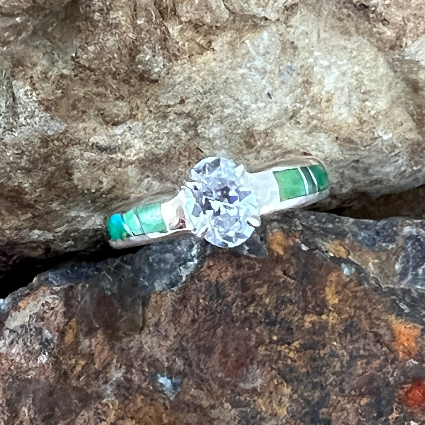 David Rosales Sonoran Gold Turquoise Inlaid Sterling Silver Ring w/ Cubic Zirconia