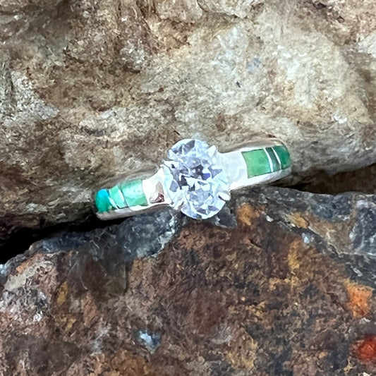 David Rosales Sonoran Gold Turquoise Inlaid Sterling Silver Ring w/ Cubic Zirconia