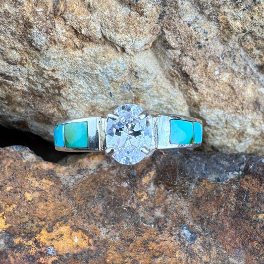 David Rosales Sonoran Gold Inlaid Sterling Silver Ring Cubic Zirconia