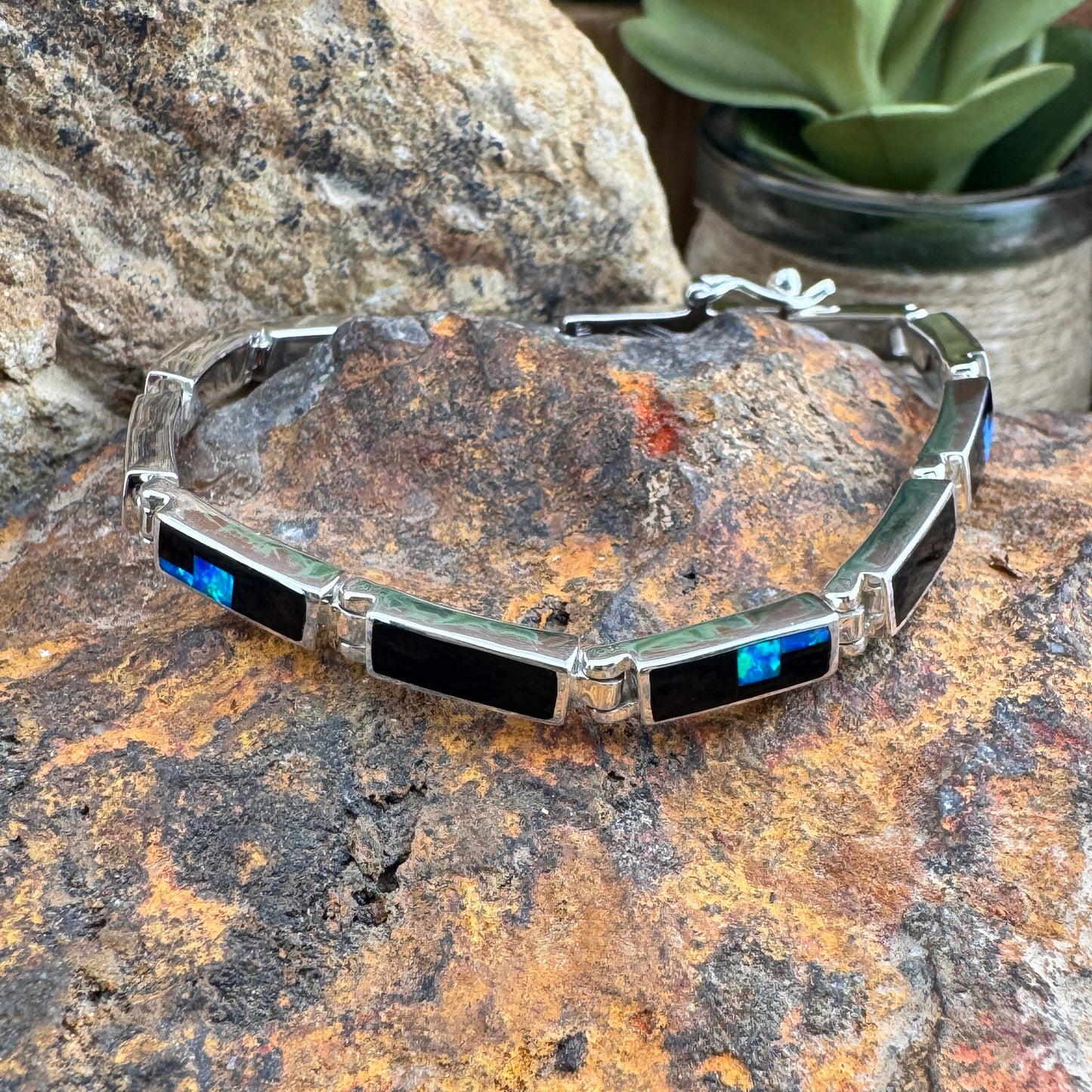 David Rosales Black Beauty Inlaid Sterling Silver Link Bracelet