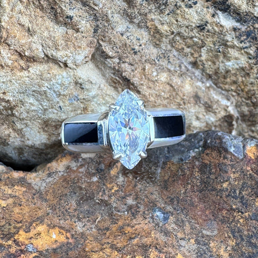 David Rosales Tuxedo Inlaid Sterling Silver Ring with Cubic Zirconia