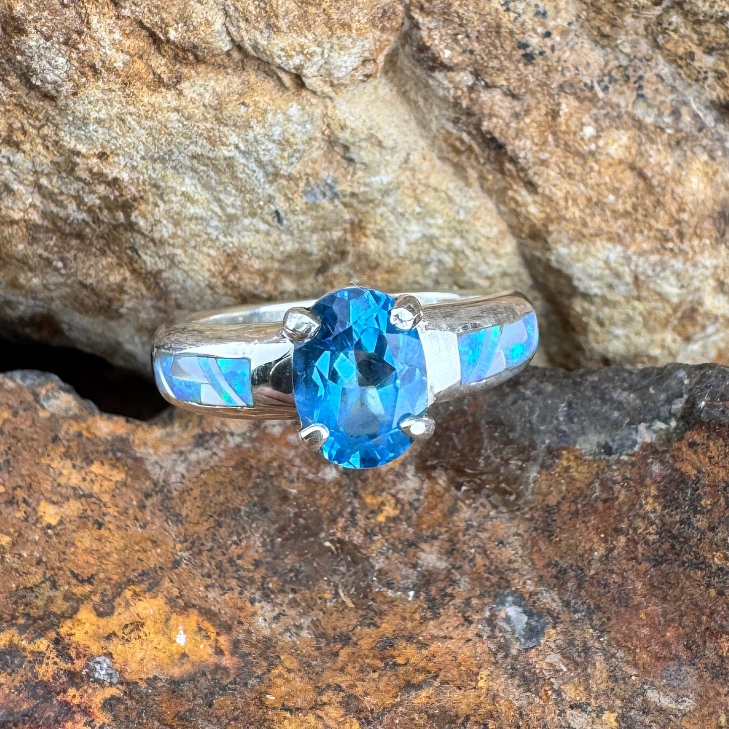 David Rosales Mystic Pearl Inlaid Sterling Silver Ring w/ Blue Topaz