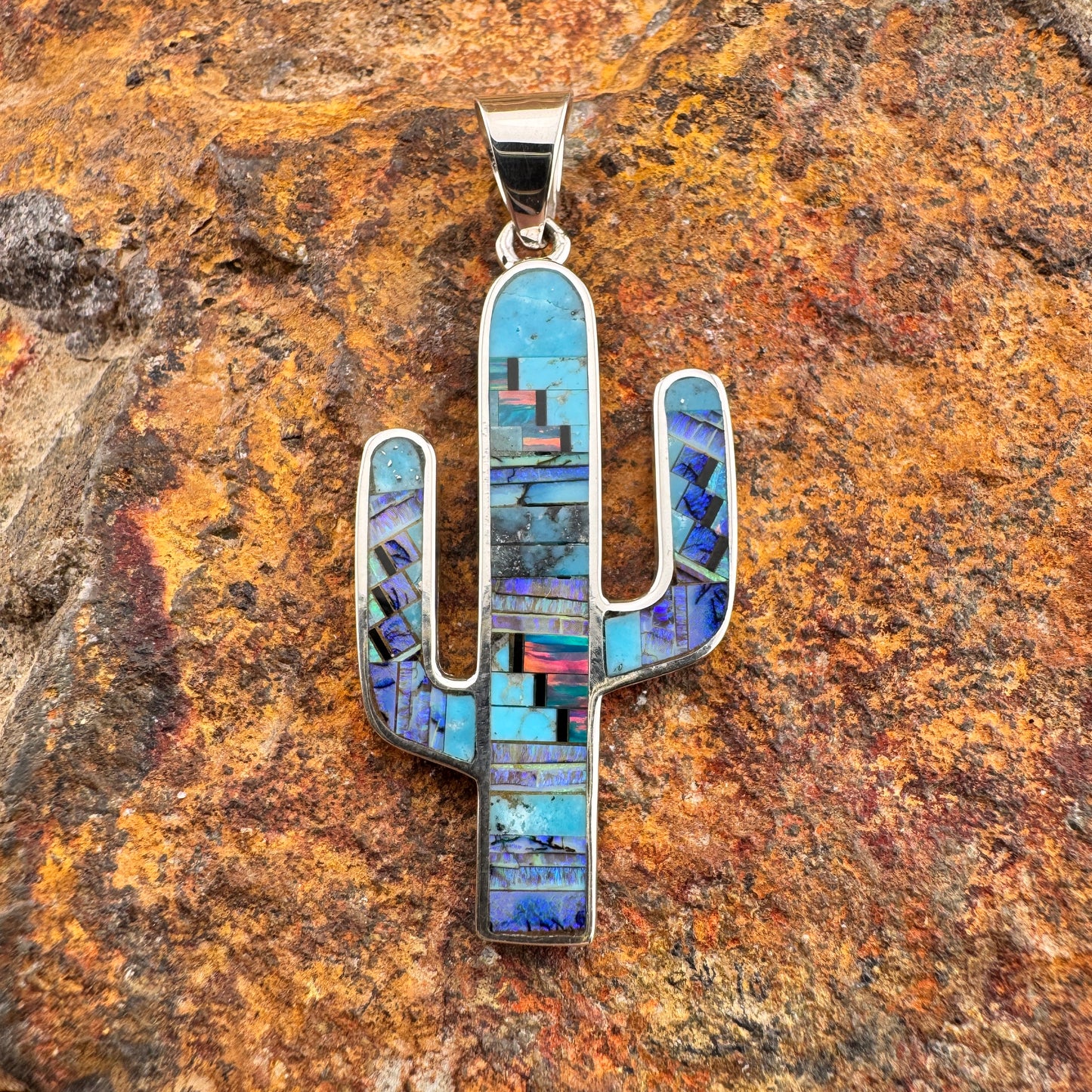 David Rosales Stardust Inlaid Sterling Silver Pendant Cactus