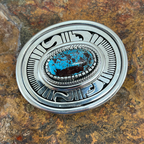 Red Mountain Turquoise Sterling Silver Belt Buckle by Leonard Nez