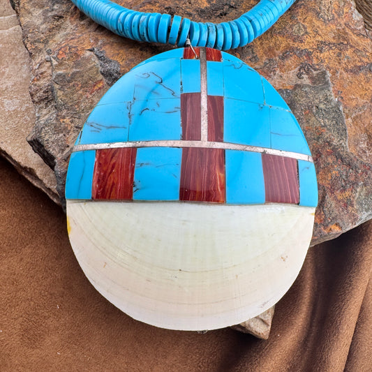 Inlaid Shell & Turquoise Pendant Necklace with Heishi Strand - Estate