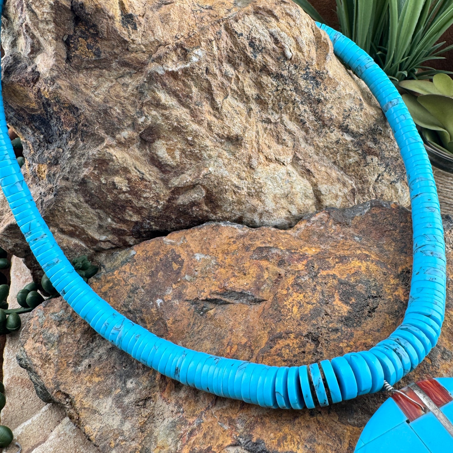 Inlaid Shell & Turquoise Pendant Necklace with Heishi Strand - Estate