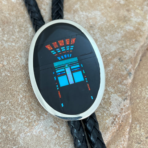 David Rosales Red Moon Inlaid Sterling Silver Bolo Tie Kachina
