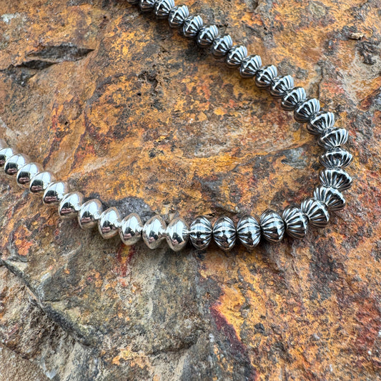 Leonard Nez 18" Half Stamped Oxidized and Polished Sterling Silver Bead Necklace