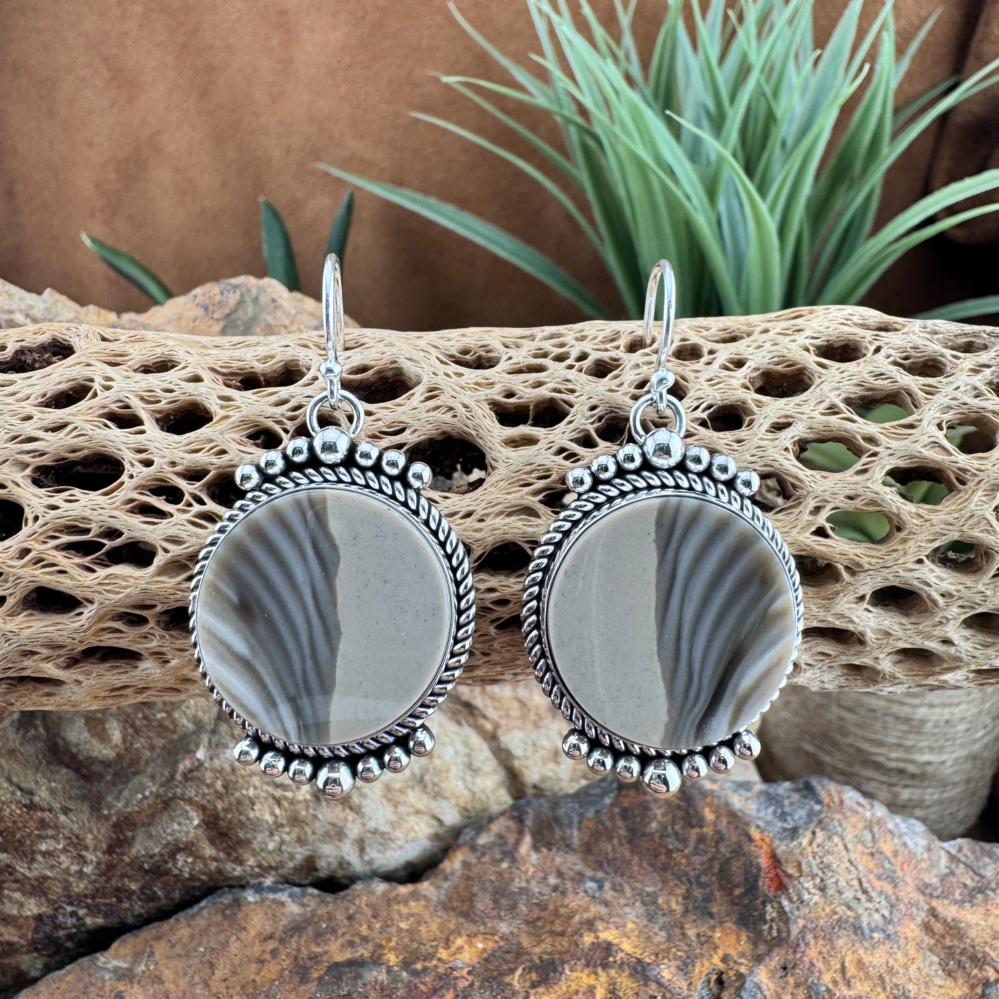 Jurassic Flint Dangle Earrings with Sterling Silver by Artie Yellowhorse