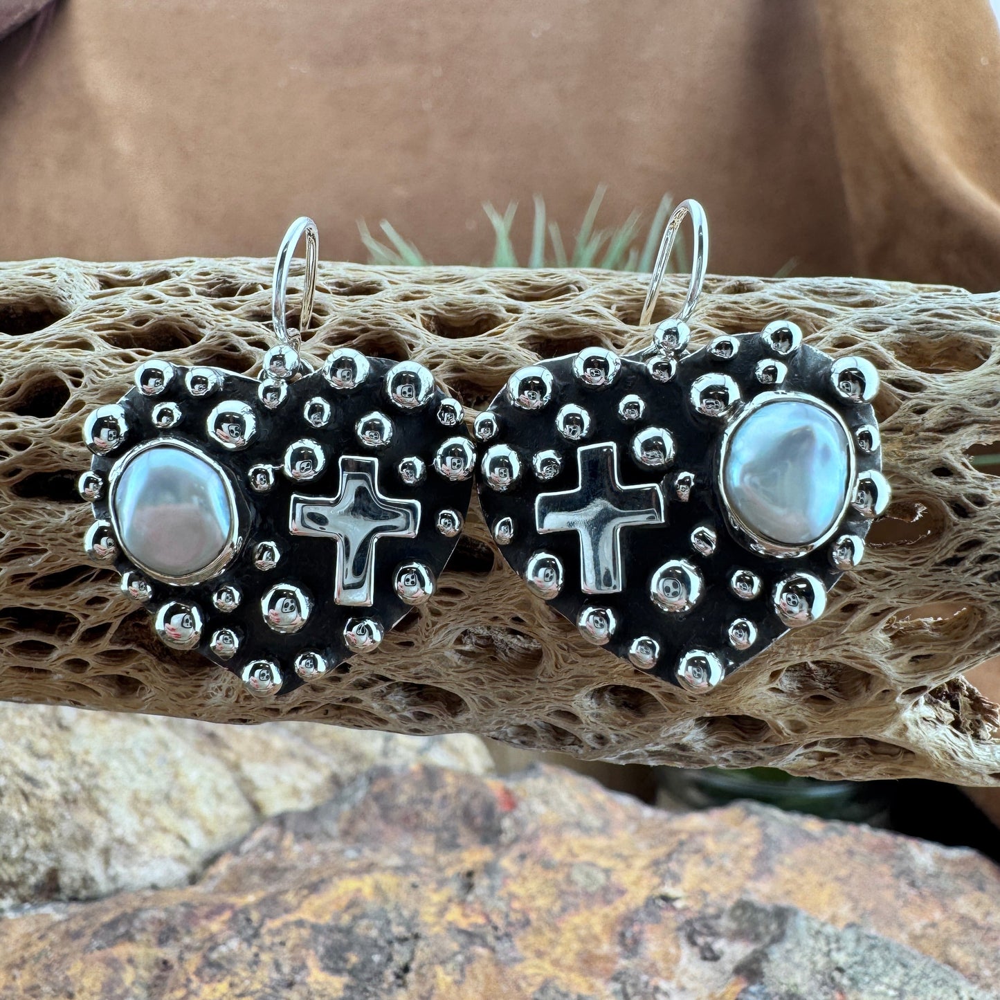 Million Drops Fresh Water Pearl Sterling Silver Cross Heart Earrings by Ray Coriz