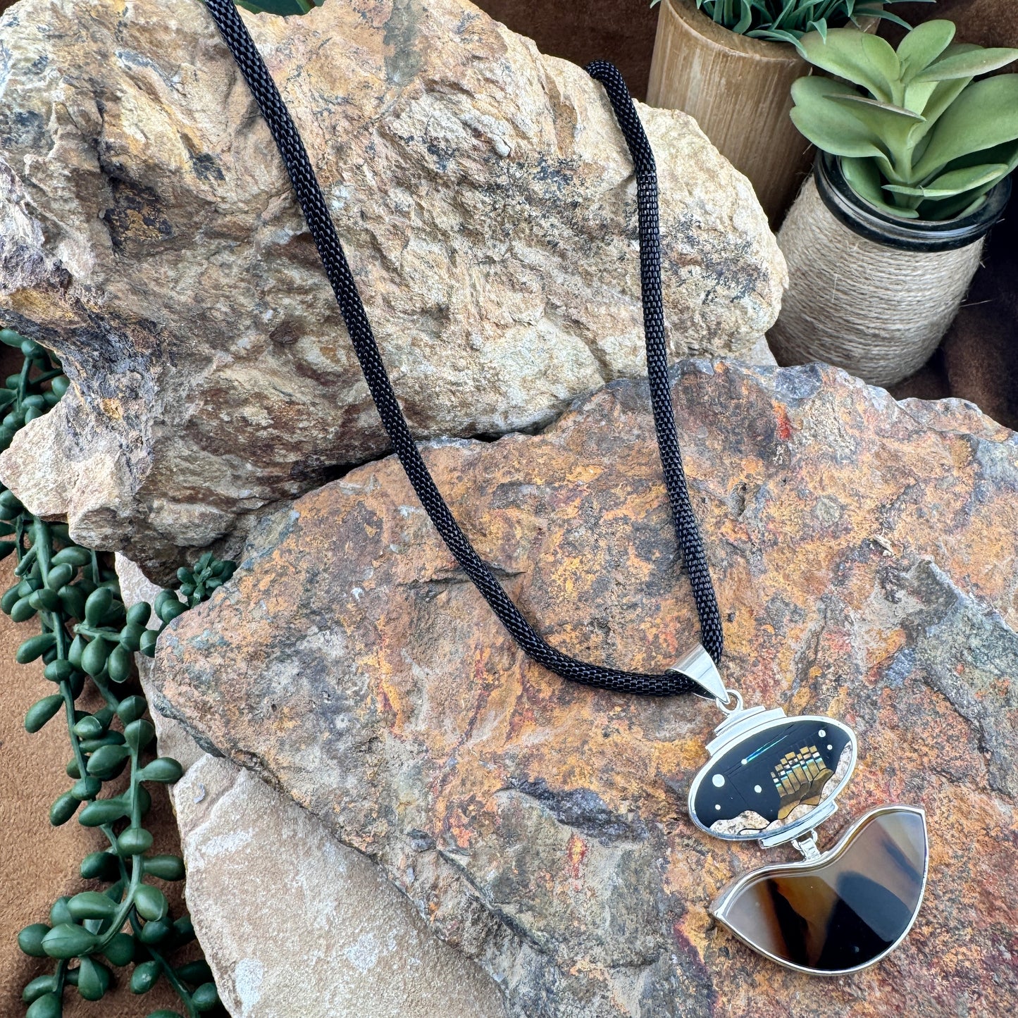 David Rosales Native Lite Fancy Inlaid with Sterling Silver Pendant with Agate