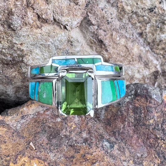 David Rosales Sonoran Gold Inlaid Sterling Silver Ring Set w/ Peridot